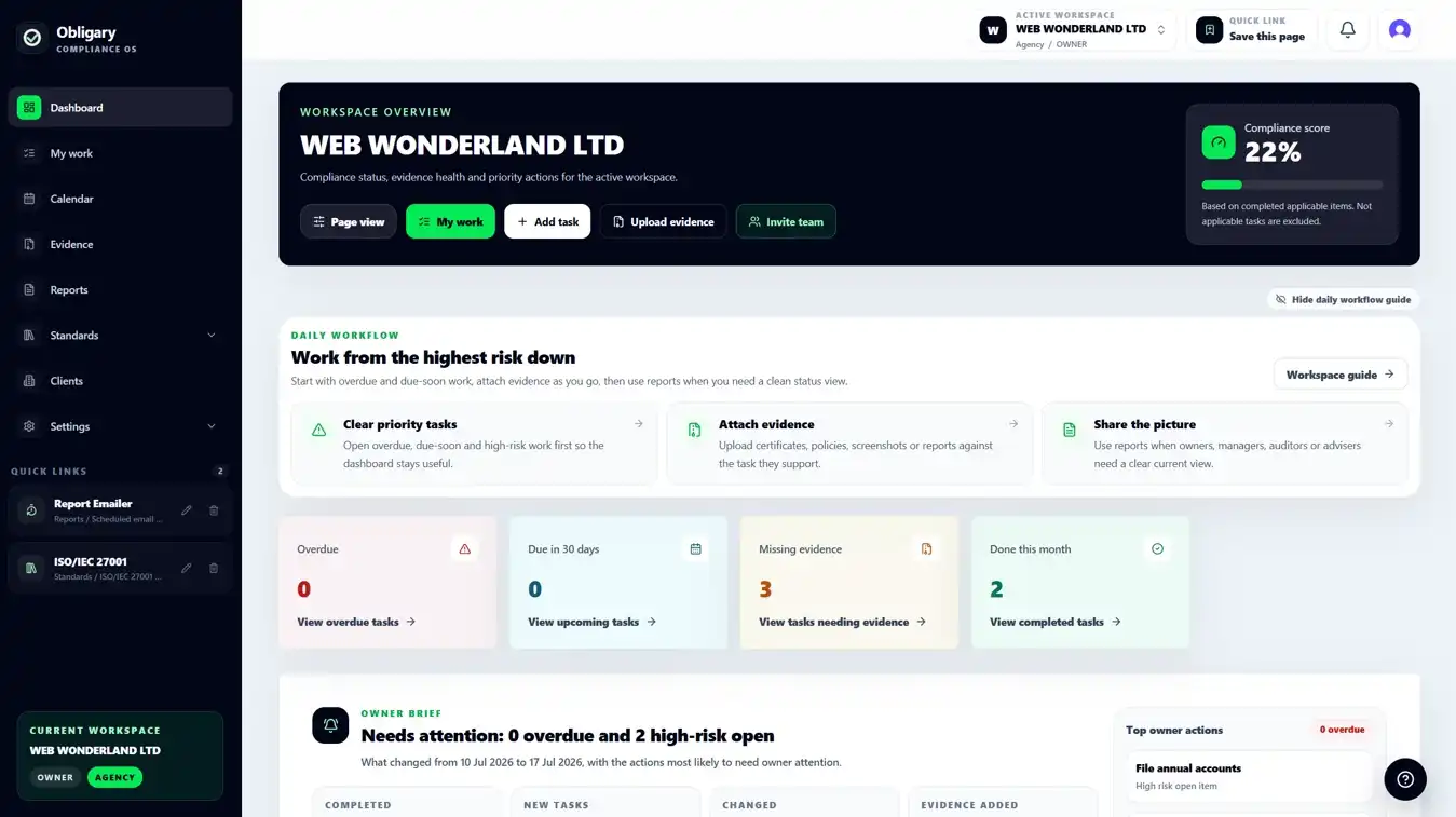Obligary web application dashboard showing tasks and evidence