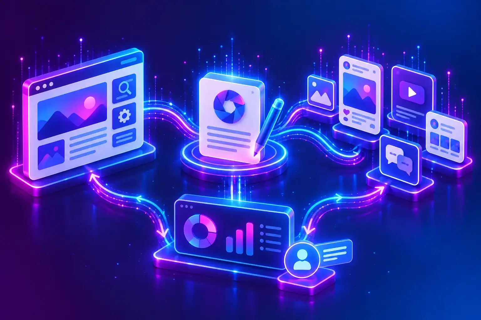 A central content plan connecting website articles, social media formats and a digital marketing dashboard