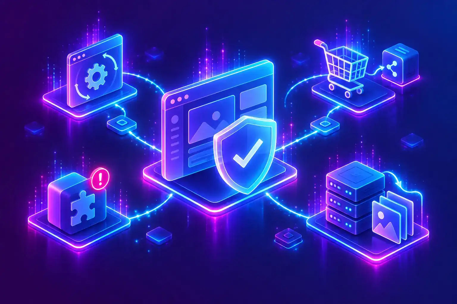 A protected website dashboard connected to update, ecommerce, plugin and server monitoring panels