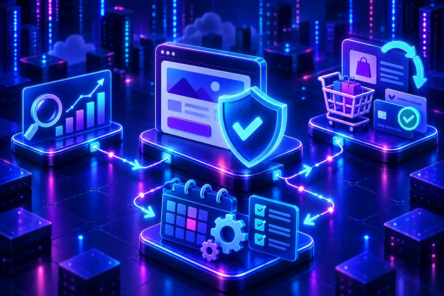 A protected website with a verified security shield connected to a tested shopping checkout, search analytics and an administrative workflow