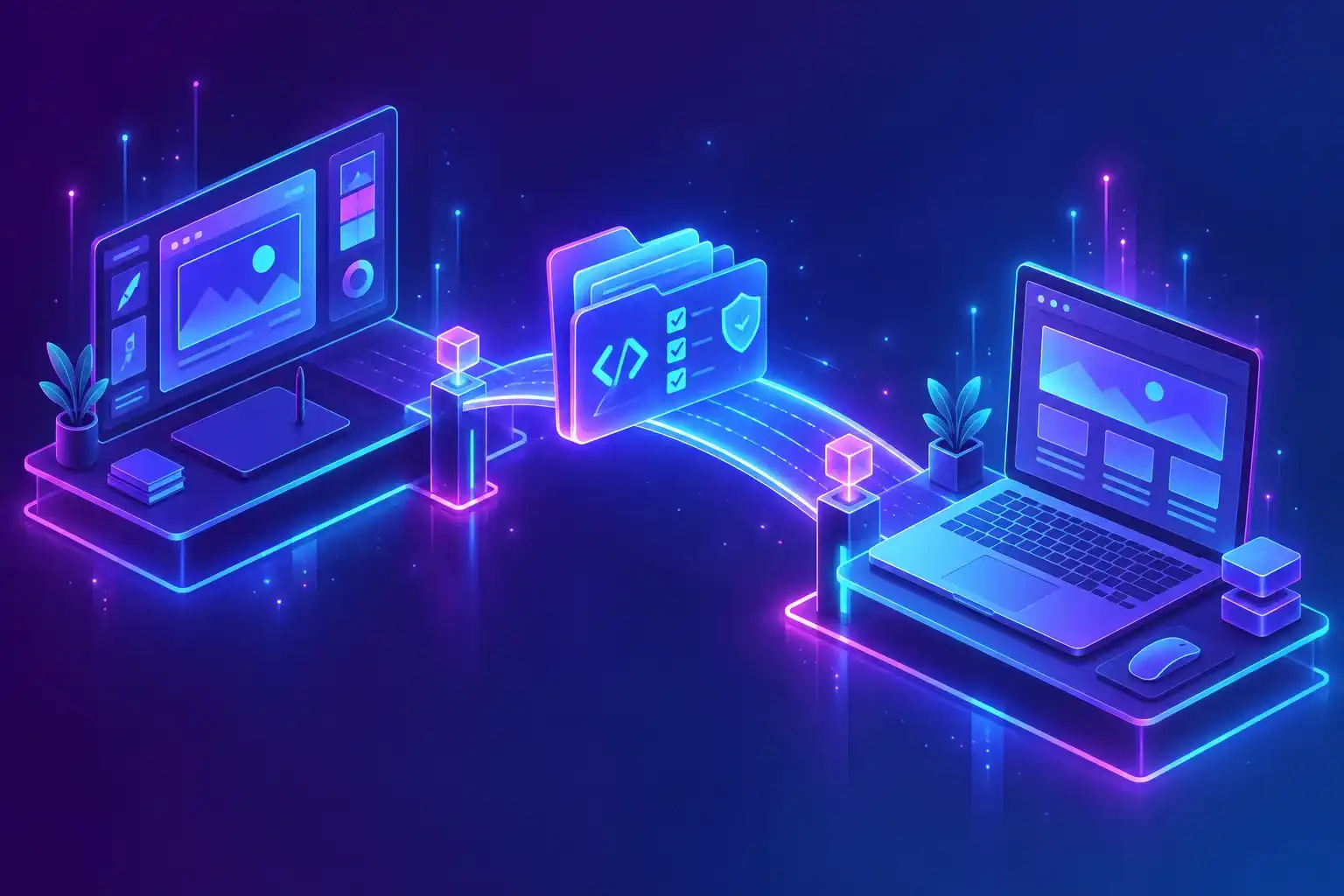 Creative digital workspace with connected website panels and a project handover checklist